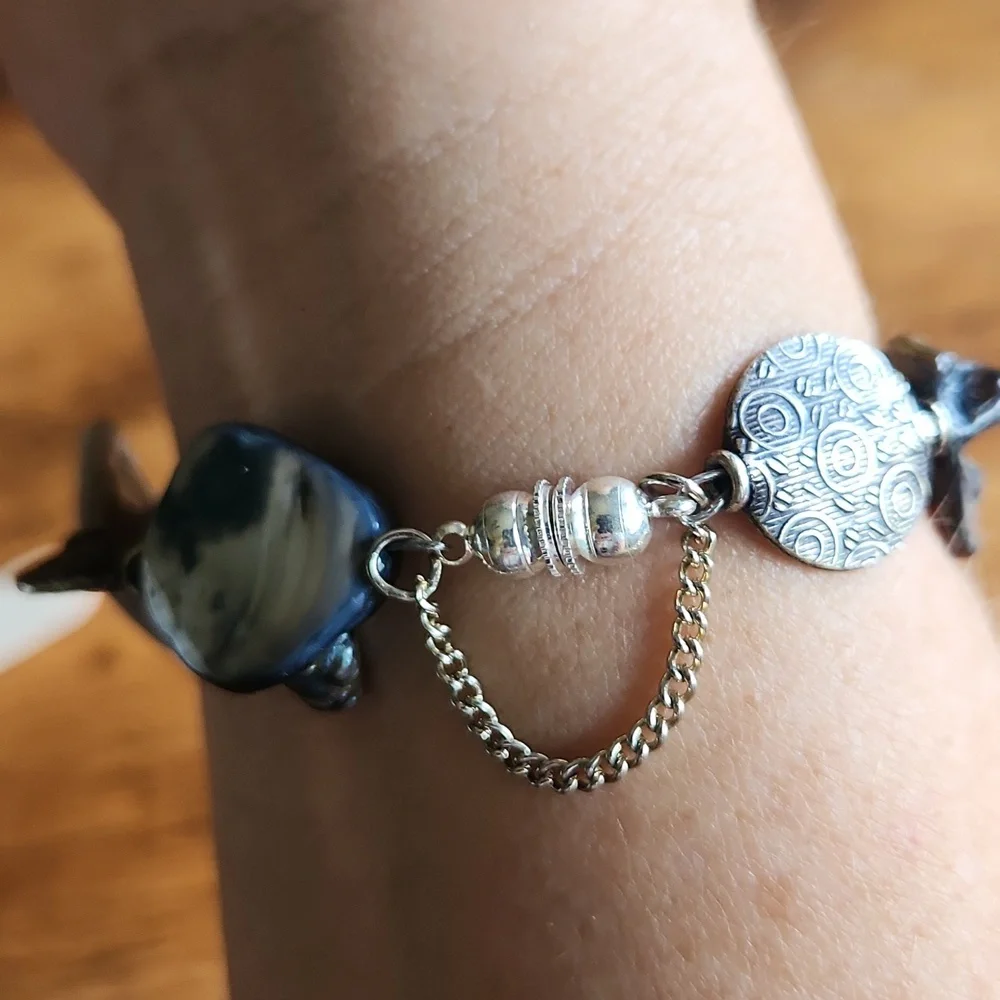 Handmade Oyster Shell & Embossed Spheres Bracelet  Size 7-8
